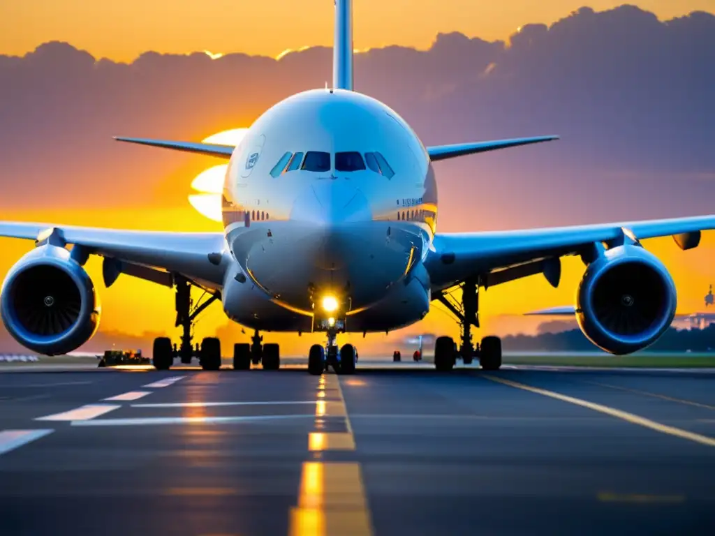 Un imponente avión Airbus A380 estacionado en la pista, con personal de tierra preparándolo para partir al atardecer