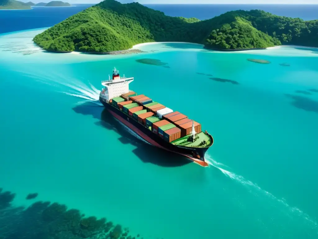 Un imponente buque de carga navega por aguas turquesa cristalinas, rodeado de islas verdes exuberantes