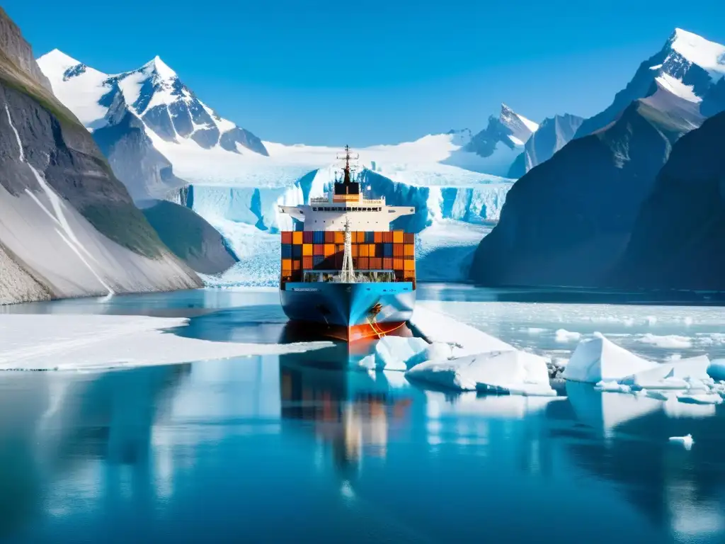 Un imponente buque de carga surca aguas azules rodeado de glaciares y montañas nevadas