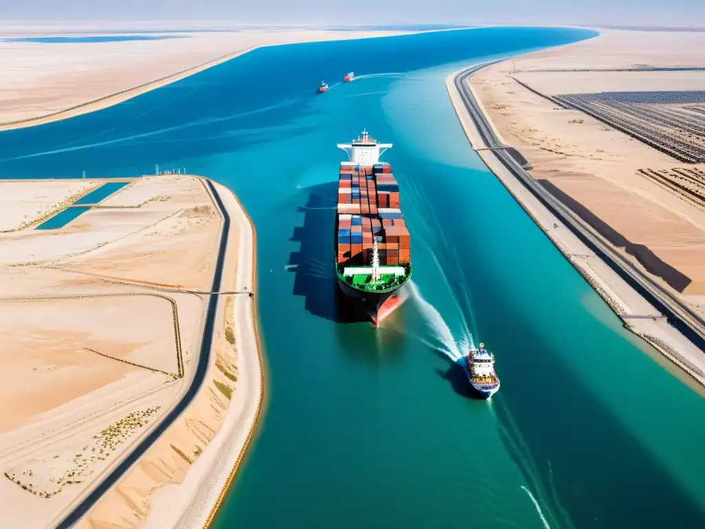 Imponente buque de carga en el Canal de Suez ruta comercial, rodeado por el árido paisaje desértico