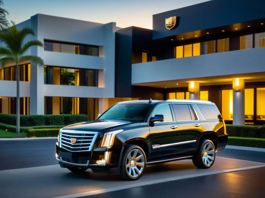 Un imponente Cadillac Escalade negro en un lujoso hotel, reflejando la luz dorada del atardecer