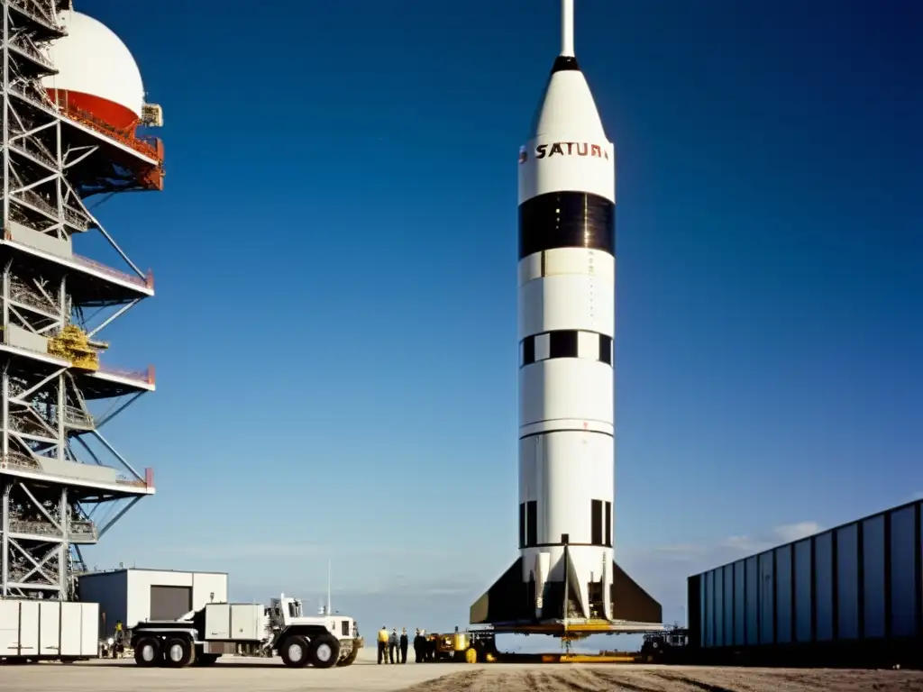 El imponente Cohete Saturno V en la plataforma de lanzamiento, rodeado de ingenieros y técnicos realizando preparativos finales antes del despegue