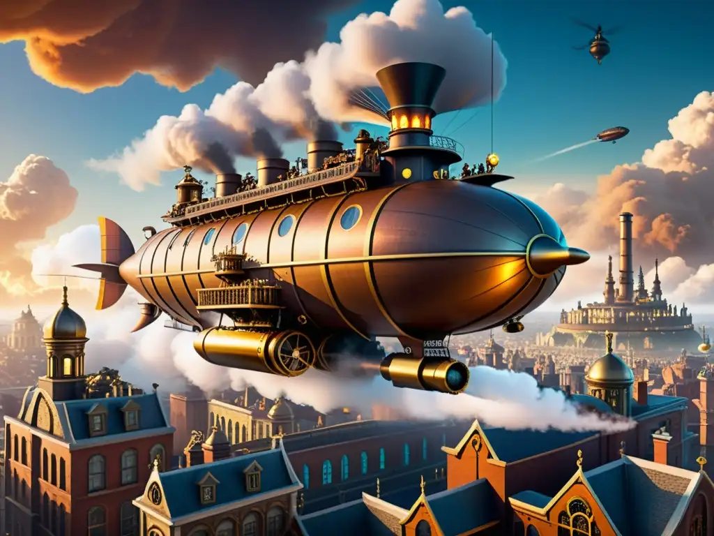 Un imponente dirigible steampunk sobrevuela una bulliciosa ciudad, envuelto en vapor y luces de gas