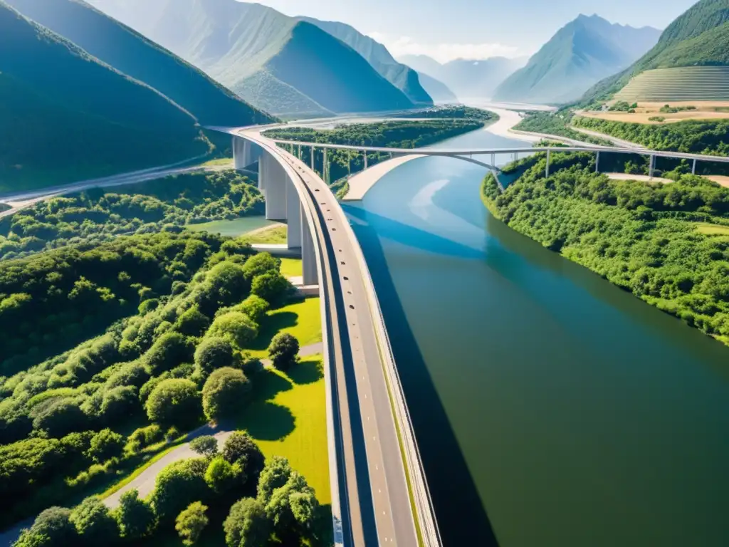 Una imponente estructura de puente moderno sobre un río, rodeada de exuberante vegetación y montañas