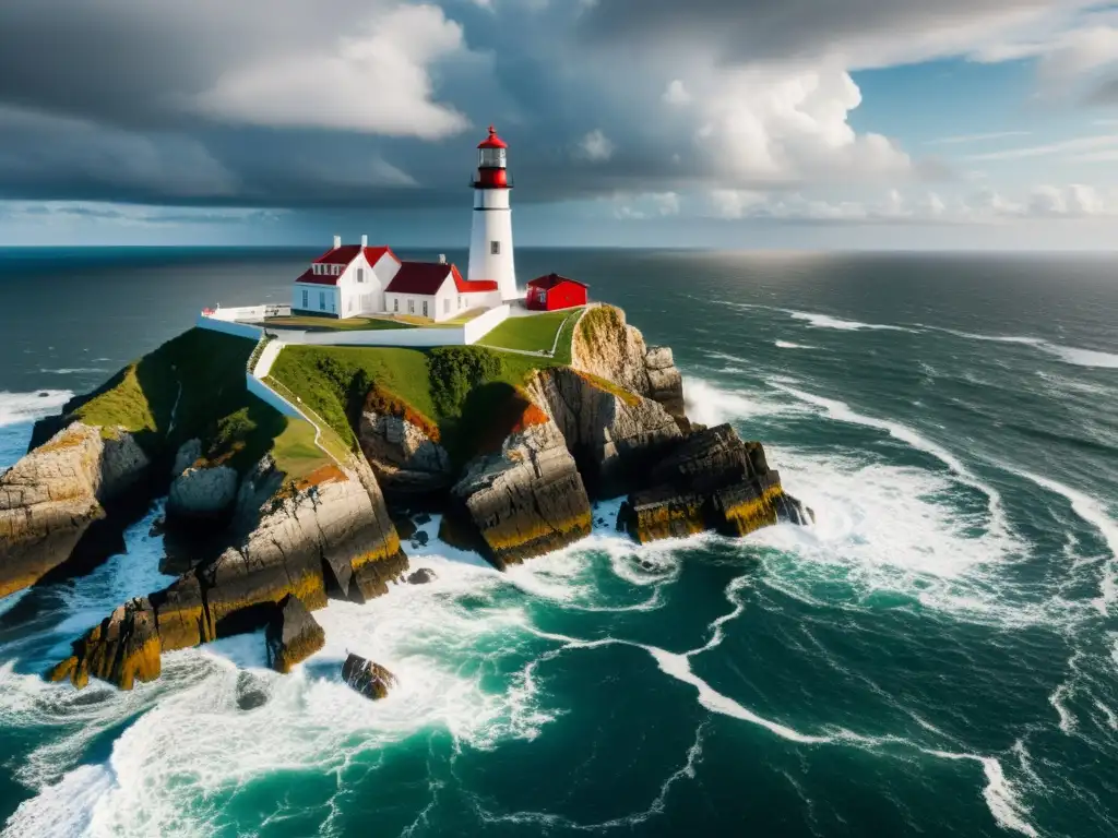 Imponente faro sobre acantilado, rodeado de olas y nubes dramáticas