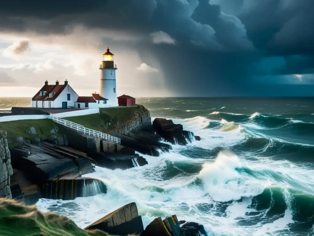 Imponente faro antiguo en acantilado, rodeado de olas y cielo tormentoso