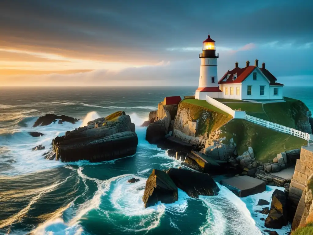 Imponente faro histórico en un acantilado, rodeado de olas y atardecer dramático