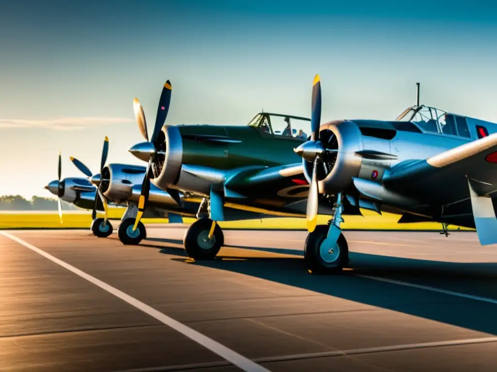 Imponente fila de aviones militares vintage en pista, evocando la evolución del equipamiento básico de la aviación durante la Segunda Guerra Mundial