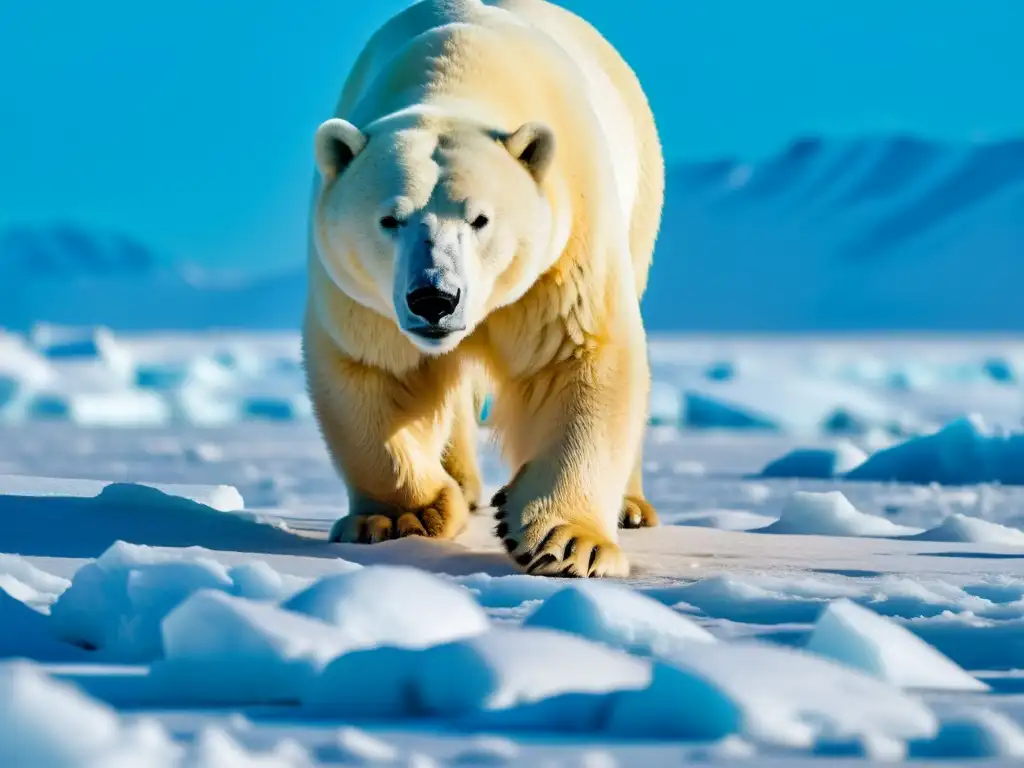 Imponente oso polar en el Ártico, su pelaje blanco brilla al sol