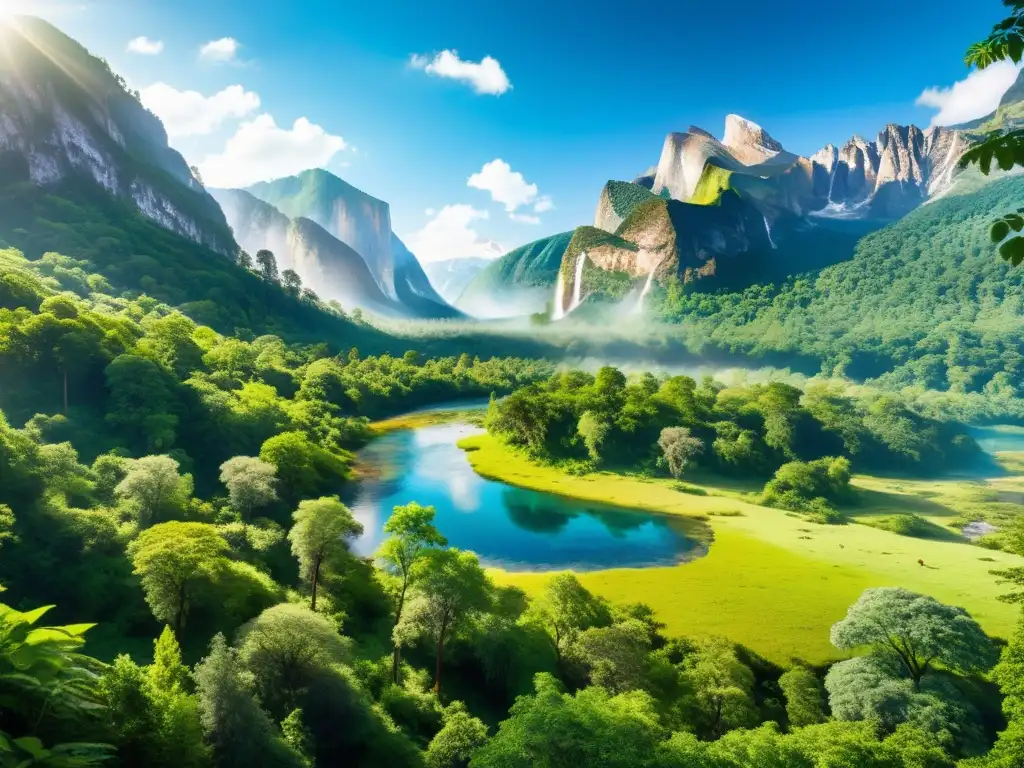 Imponente paisaje de un parque nacional sostenible con exuberante vegetación, arroyos cristalinos, vida silvestre diversa y majestuosas montañas