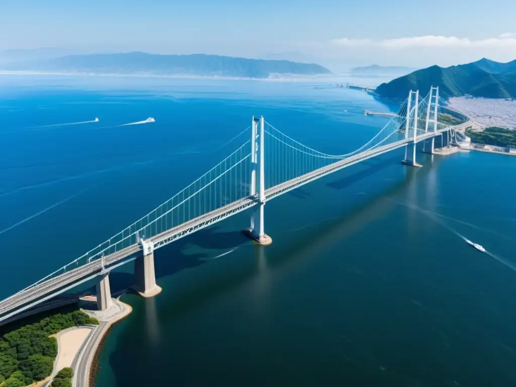 El imponente puente Akashi Kaikyo se alza sobre el estrecho, destacando la evolución del transporte y la belleza natural