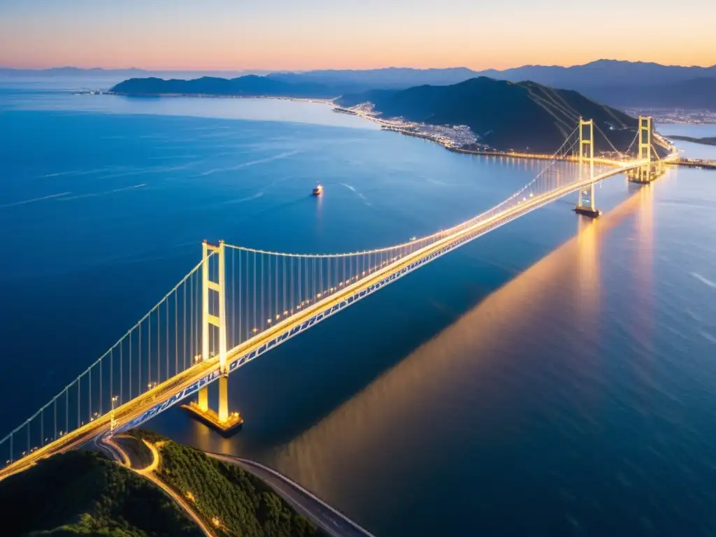 Imponente puente Akashi Kaikyo, símbolo de evolución y transporte, se eleva sobre el océano al atardecer