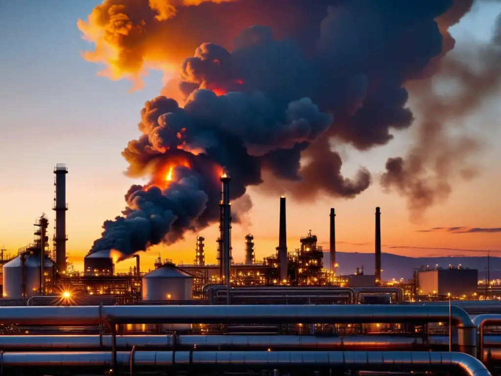 Imponente refinería de petróleo al atardecer, con humo y llamas iluminando el cielo