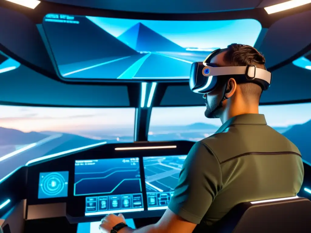 Imponente simulación de realidad virtual en formación de transporte con cabina futurista y controles avanzados