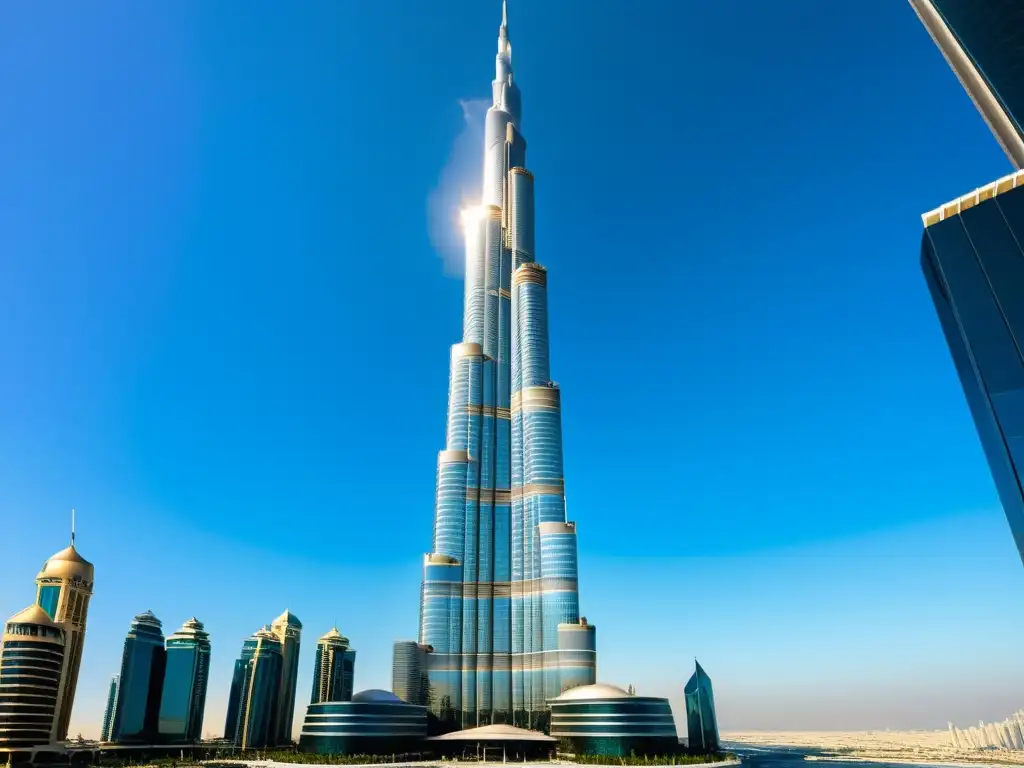 Imponente Burj Khalifa en Dubai, reflejando el sol sobre lujosos autos