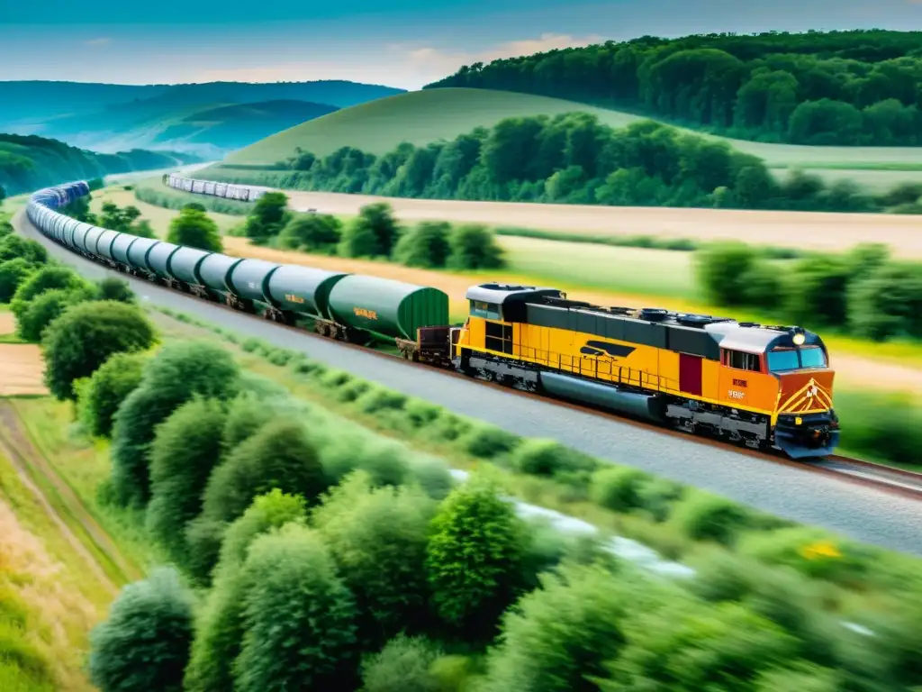 Imponente tren de carga en paisaje vibrante Imponente tren de carga recorriendo paisajes, resaltando la importancia de los trenes de carga en la economía