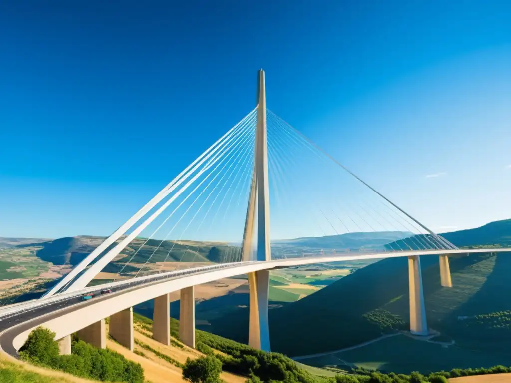 El imponente Viaducto de Millau desafía la gravedad con su diseño innovador y elegante, iluminado por el cálido sol bajo un cielo azul vibrante