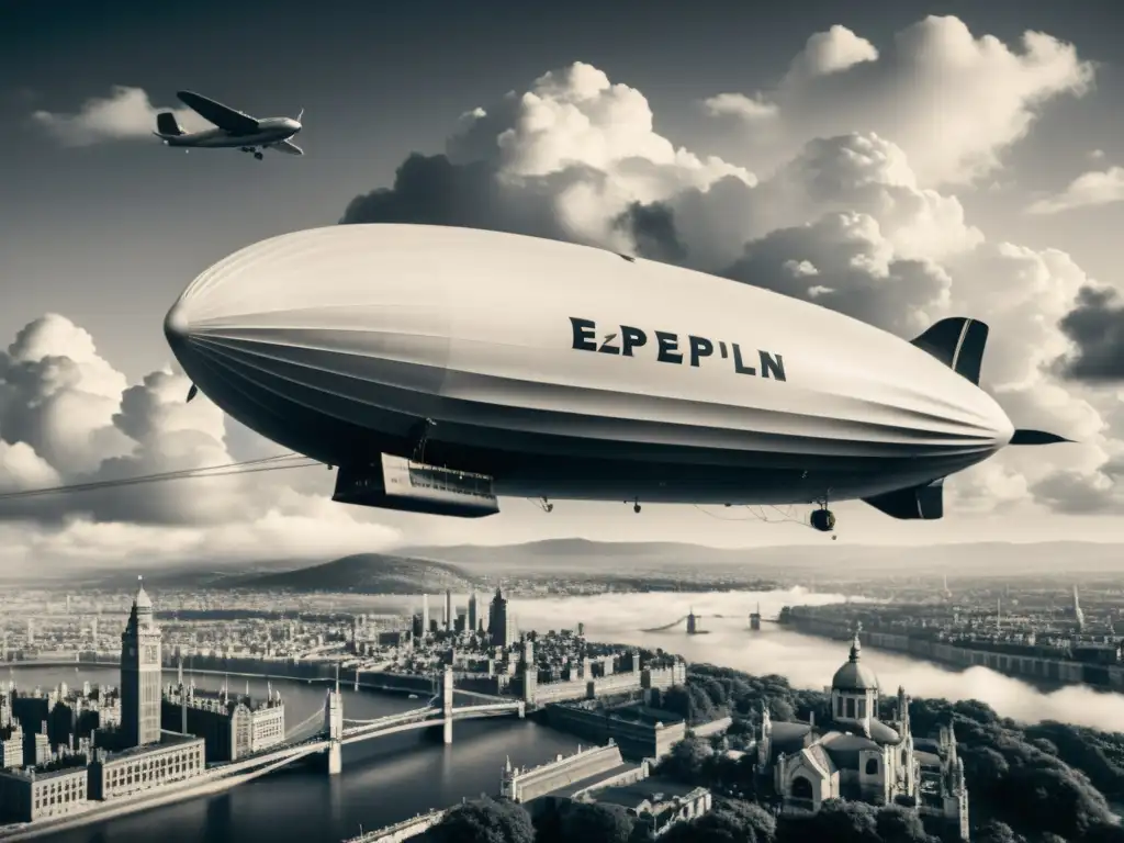 Imponente zepelín flotando en el cielo, evocando la era de la exploración y el transporte aéreo