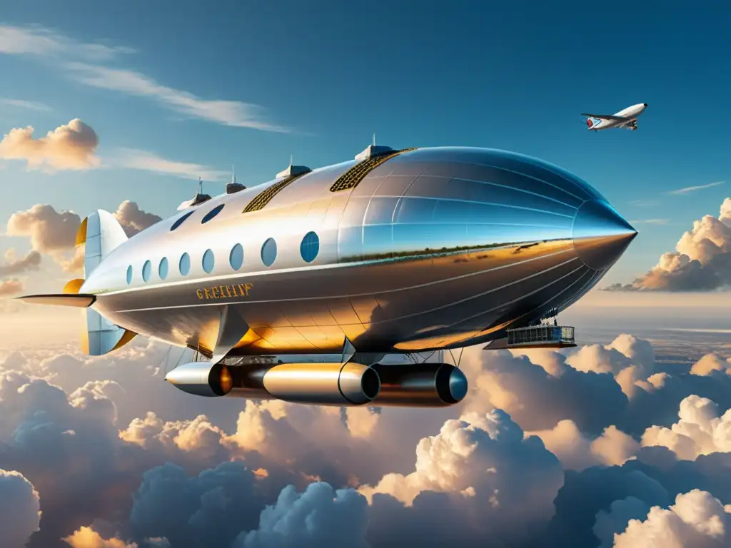 Imponente zeppelin moderno flotando entre nubes, destacando su diseño y evolución en la historia del transporte aéreo