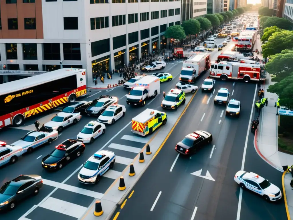 'Importancia del transporte en emergencias urbanas: Vista aérea de área urbana congestionada con vehículos de emergencia navegando entre el tráfico