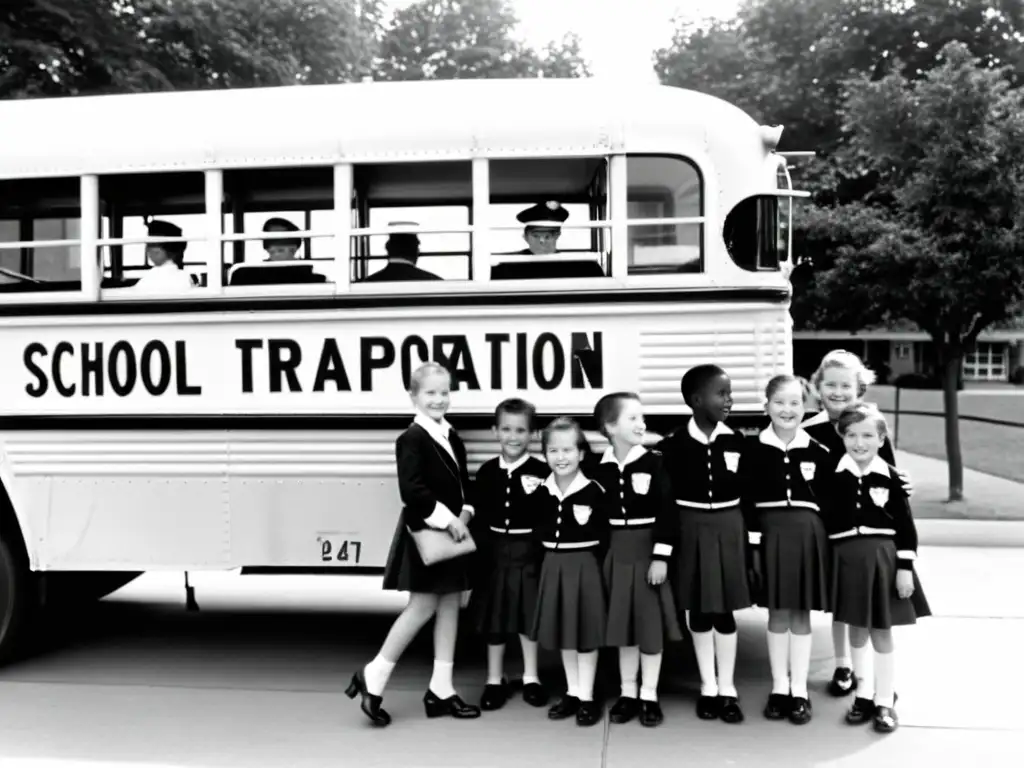 Importancia del transporte escolar en la historia: Niños abordando un autobús escolar vintage en los años 50, con conductor uniformado