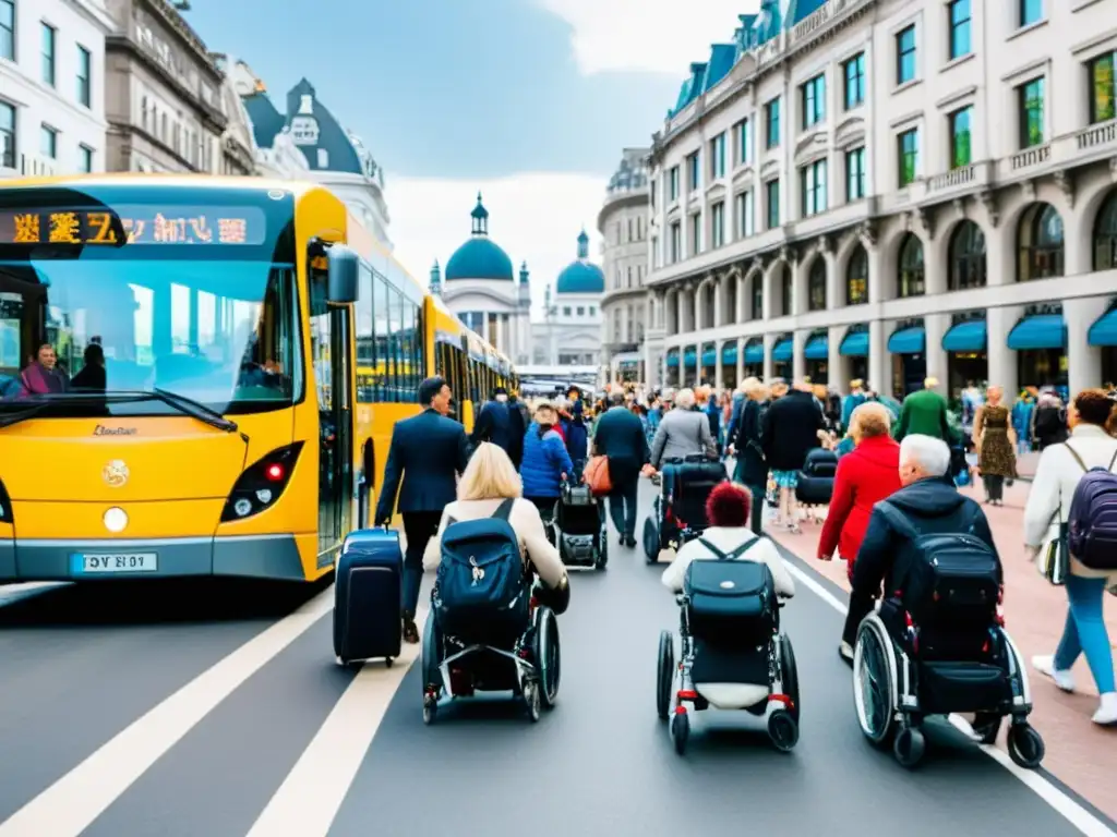 Importancia del transporte en turismo: Una bulliciosa calle de ciudad con diversidad de gente y transporte accesible