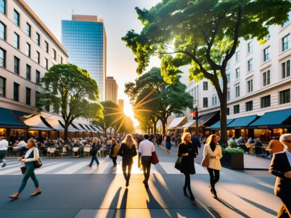 La importancia del peatón en la planificación urbana cobra vida en una bulliciosa calle de la ciudad al atardecer, llena de energía y movimiento