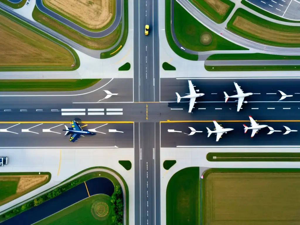 Una impresionante fotografía aérea de un bullicioso aeropuerto con múltiples pistas, aviones en movimiento y gestión del tráfico aéreo con STI