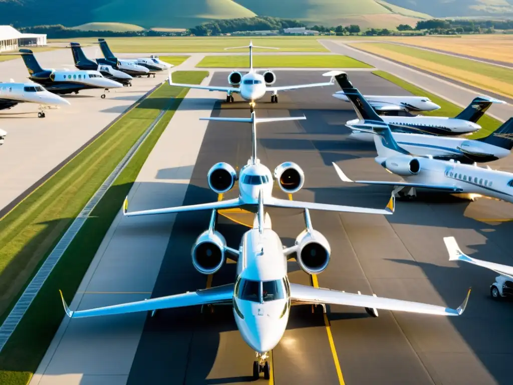 Una impresionante fotografía aérea de una flota de aviones privados estacionados en una lujosa pista, rodeada de opulentas hangares y facilidades