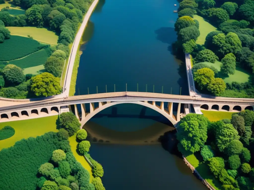 Una impresionante fotografía aérea de alta resolución que muestra la evolución histórica del diseño de puentes, con un puente de piedra antiguo y un moderno puente de fibra de carbono, destacando el contraste visual entre lo tradicional y lo contemporáneo