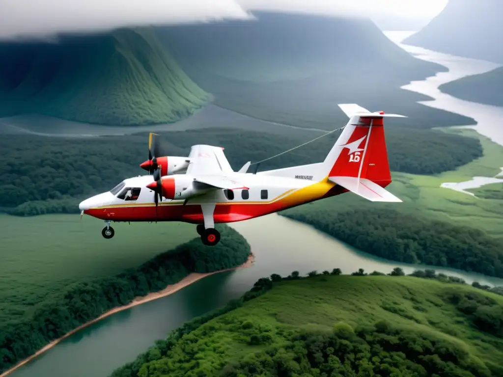 Un impresionante avión anfibio sobrevuela un escenario desafiante, listo para operaciones de rescate y exploración