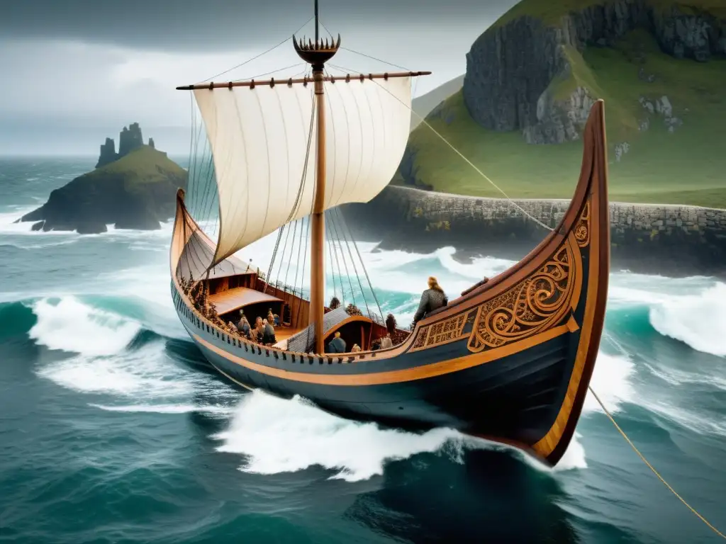 Un impresionante barco vikingo bien conservado con intrincados detalles de madera y velas desgastadas