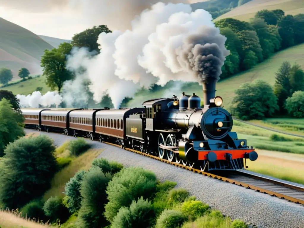 Una impresionante fotografía en blanco y negro de una locomotora a vapor en el siglo XIX, con un paisaje campestre de fondo