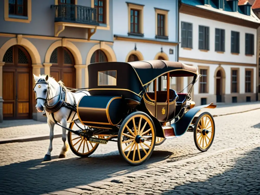 Un impresionante carruaje de caballos histórico recorriendo calles empedradas, mostrando la evolución del transporte terrestre