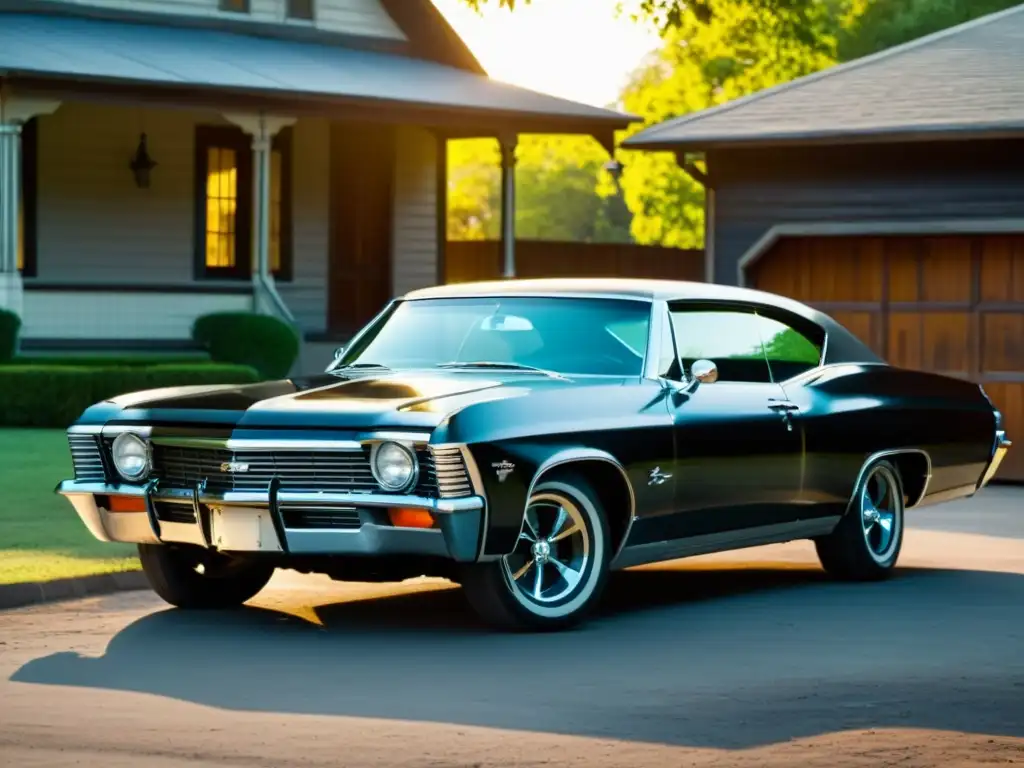 Un impresionante Chevrolet Impala negro de 1967, coche emblemático de la serie 'Supernatural', estacionado frente a una casa en ruinas