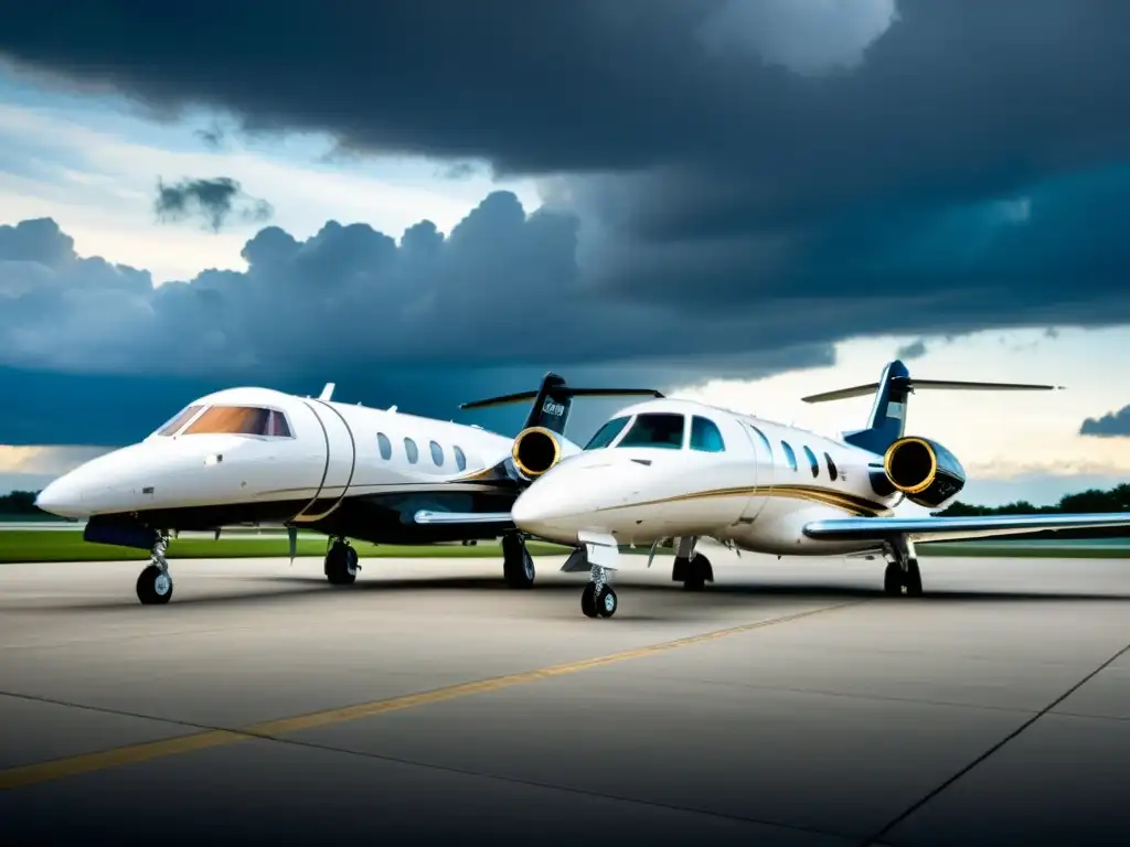 Exclusiva colección de jets privados históricos bajo el cielo dramático Un impresionante despliegue de jets privados históricos de fabricantes como Cessna y Bombardier, estacionados en una pista bajo un cielo dramático y nublado