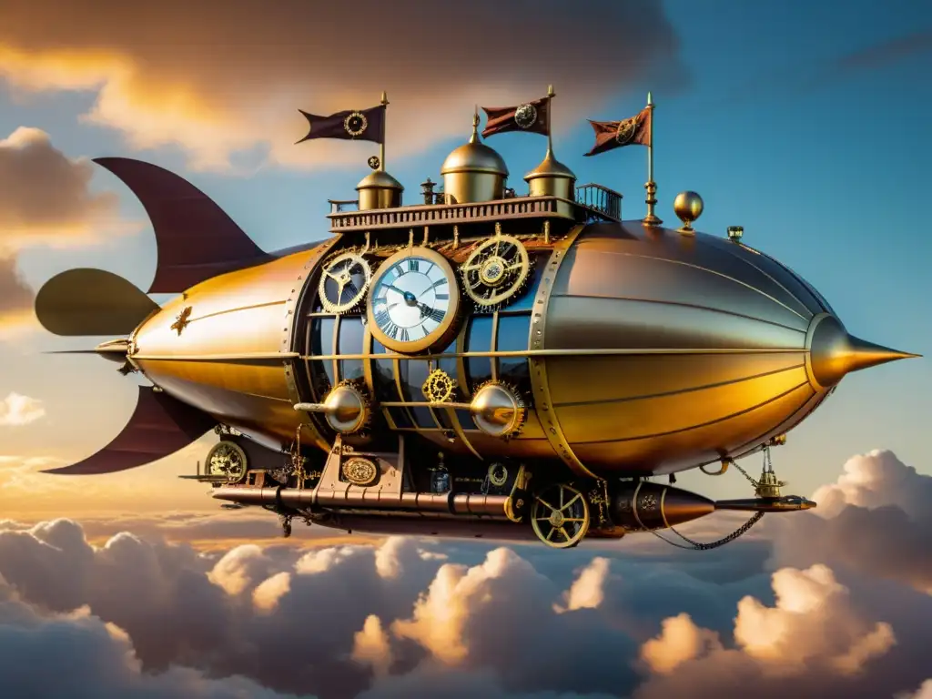 Un impresionante dirigible steampunk surca el cielo dorado entre nubes