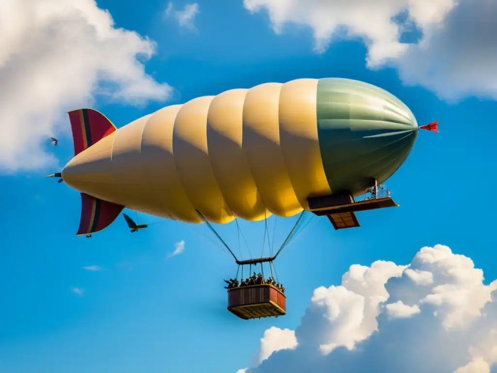 Un impresionante dirigible vintage surca el cielo azul, con detalles intrincados y la luz del sol creando sombras dramáticas en las nubes