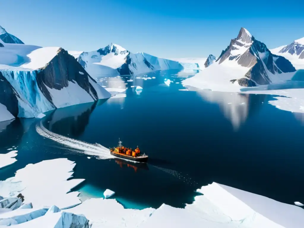 Una impresionante expedición de lujo al Ártico, con un barco rodeado de glaciares y exploradores desembarcando en Zodiacs