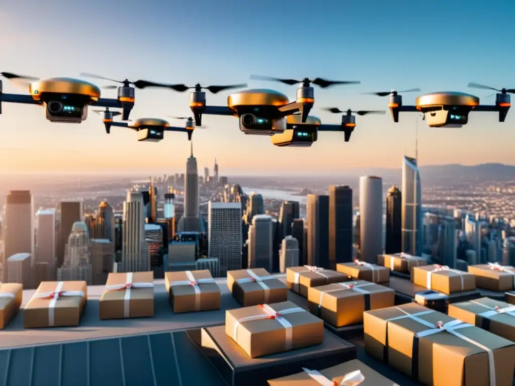 Una impresionante flota de drones de entrega sobrevuela un horizonte urbano, con paquetes ordenados debajo y personas mirando con curiosidad y asombro