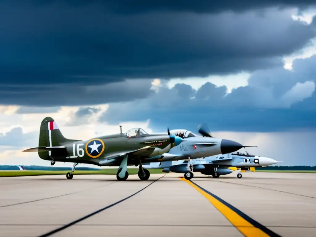 Una impresionante formación de modelos icónicos de aviones militares en la pista, resaltando su diseño poderoso y elegante bajo un cielo dramático