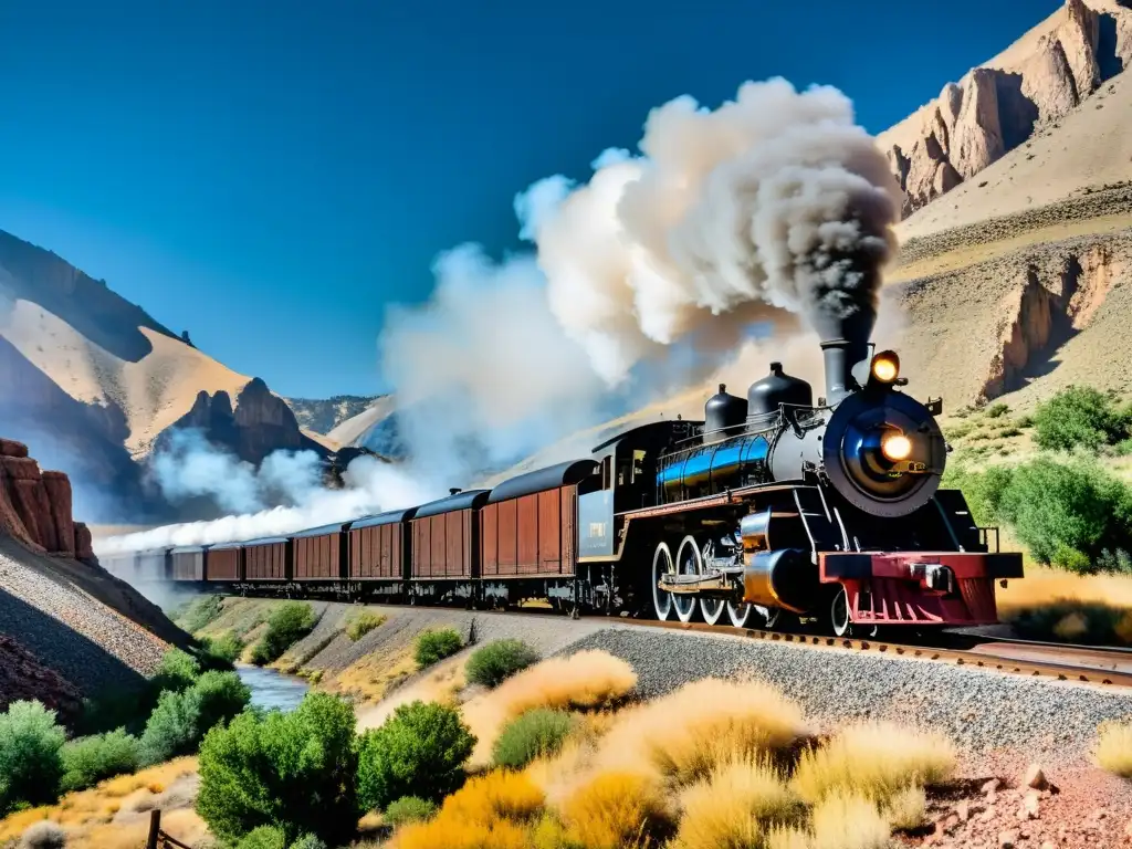 Una impresionante imagen documental de una locomotora a vapor avanzando por el terreno agreste del Oeste Americano, con humo blanco ondeando tras ella