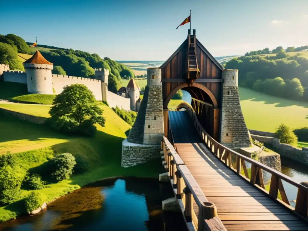 Una impresionante imagen documental de un puente levadizo medieval en un imponente castillo, destacando la ingeniería y la historia