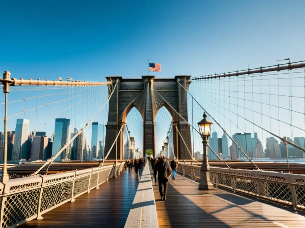 Una impresionante imagen documental en alta resolución del Puente de Brooklyn, con sus detalles góticos, cables de acero y pilares de piedra