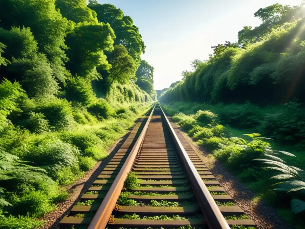 Una impresionante imagen documental de una ruta ferroviaria abandonada que se abre paso a través de un pintoresco paisaje cubierto de vegetación