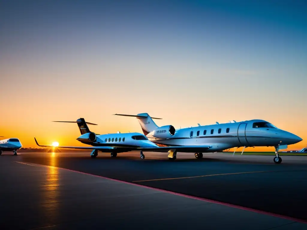 Una impresionante imagen de jets privados de famosos en una pista privada al atardecer, exudando lujo y exclusividad