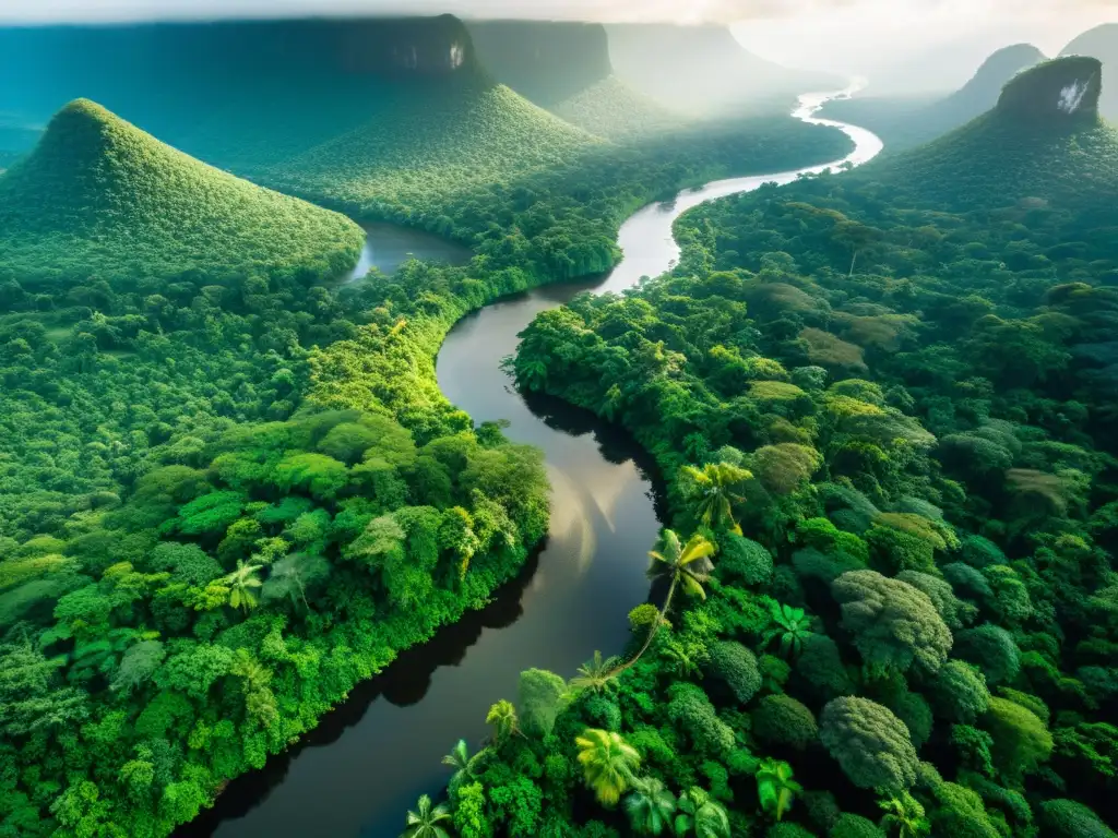 Un impresionante paisaje de la selva del Congo, con un río serpenteante y exuberante vegetación