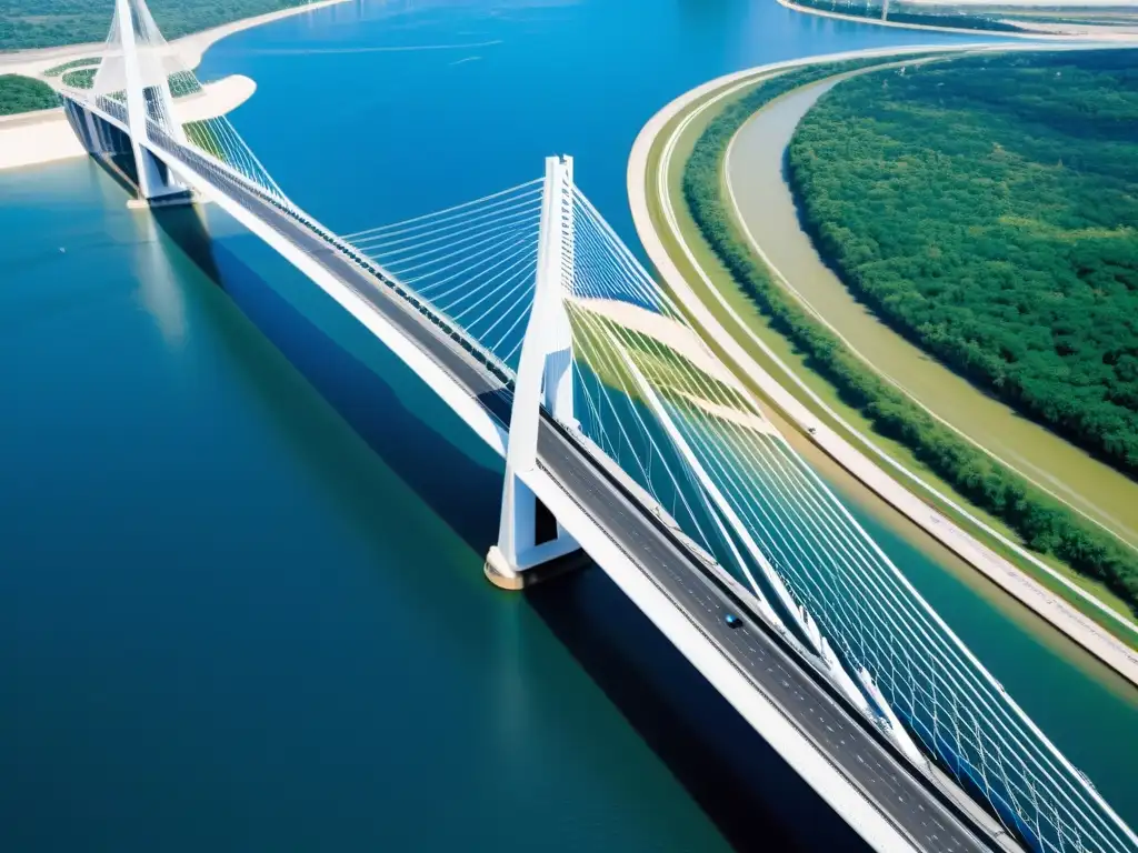 Un impresionante puente moderno con una vista aérea, resaltando la importancia de los puentes en transporte terrestre