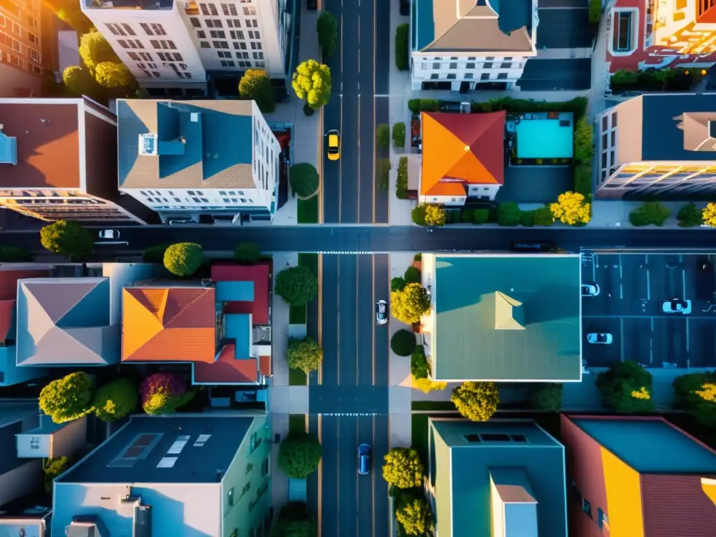 Una impresionante toma aérea de una ciudad vibrante y colorida, capturada desde gran altura con un dron