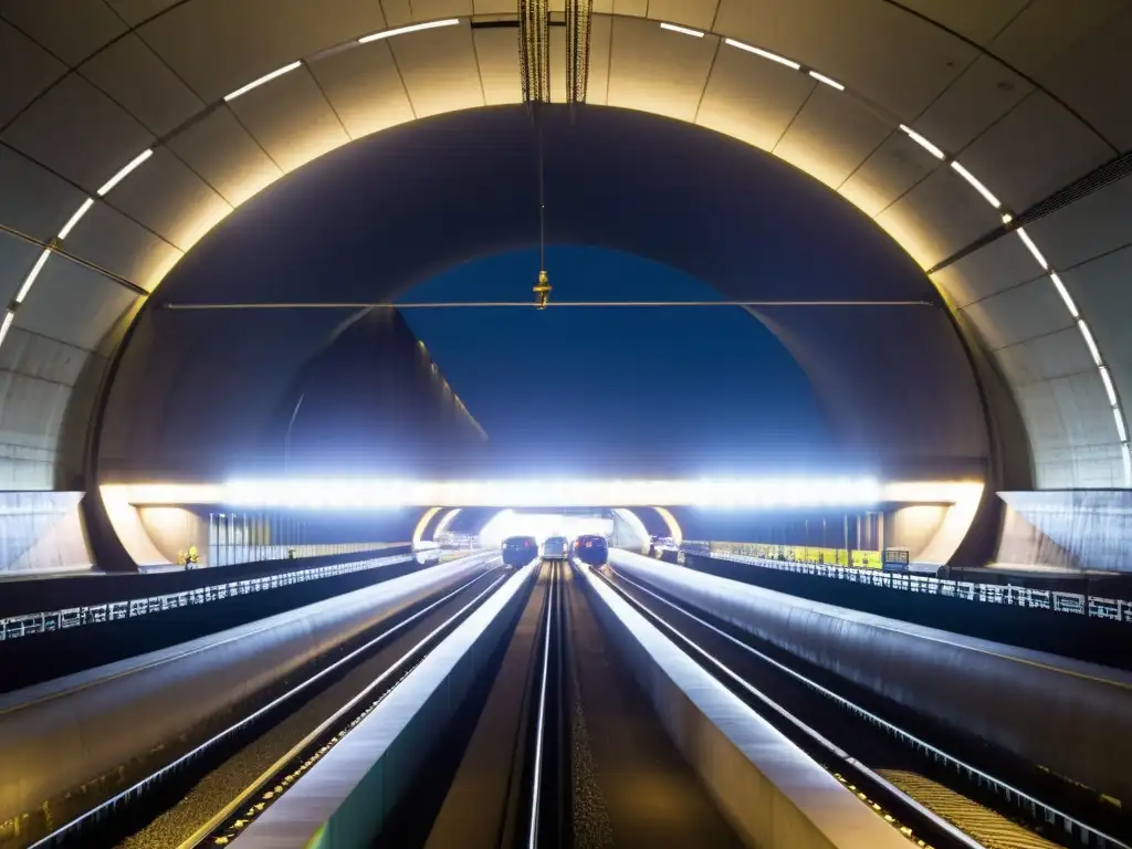 El impresionante túnel del Eurotúnel muestra un tren emergiendo, con ingenieros supervisando